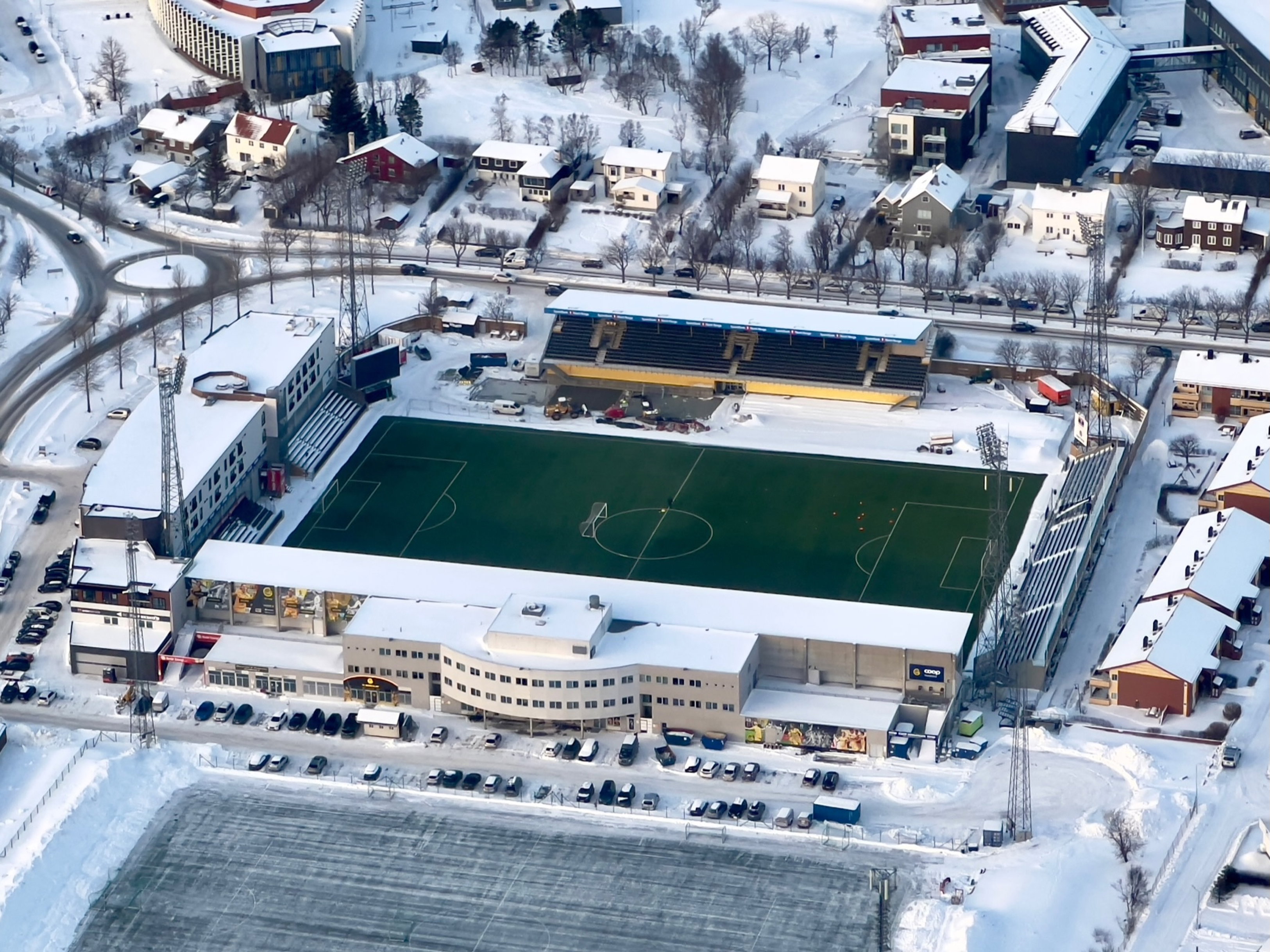 Het Aspmyra Stadion van Bodø/Glimt vanuit de lucht