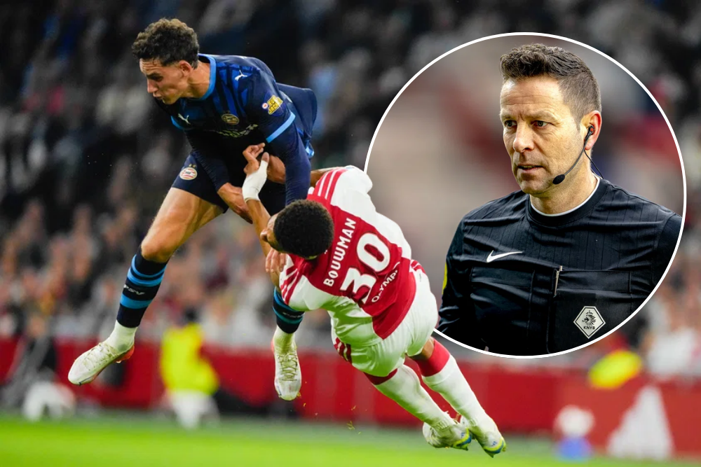 De botsing tussen Ruben van Bommel en Aaron Bouwman, VAR Pol van Boekel in de inzet