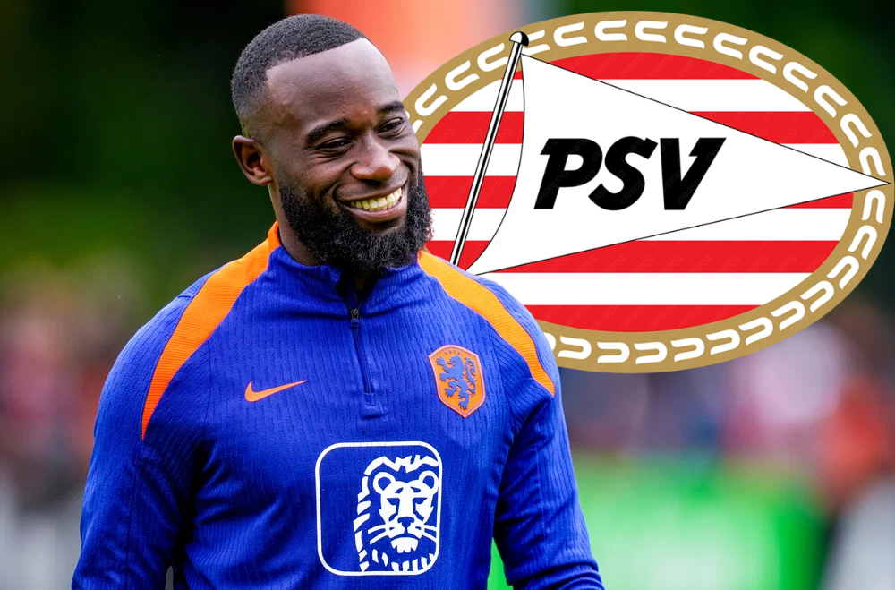 Lutsharel Geertruida voor het logo van PSV