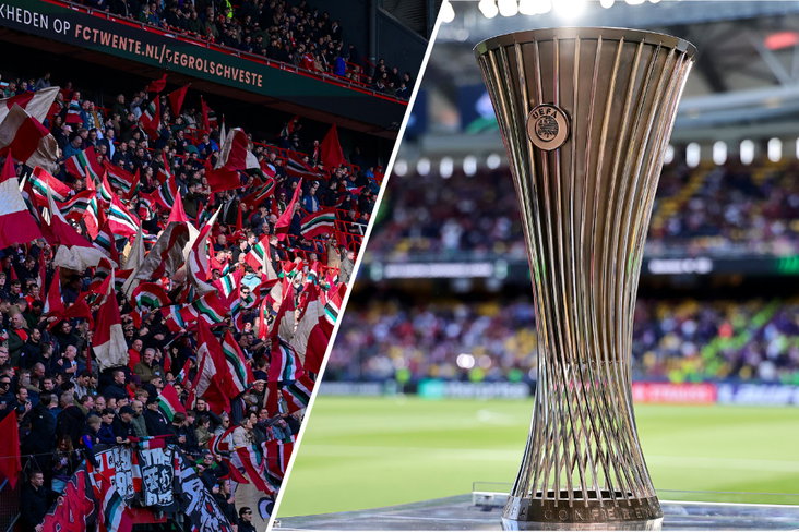 Links supporters van FC Twente, rechts de Conference League-beker