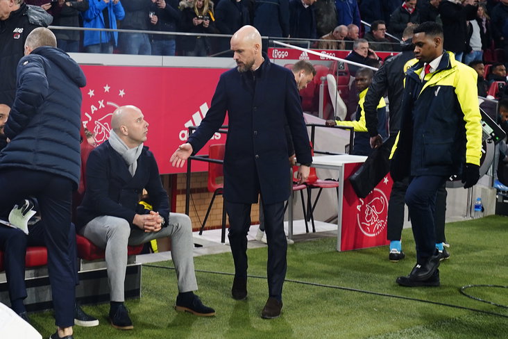 Arne Slot en Erik ten Hag in de Johan Cruijff ArenA