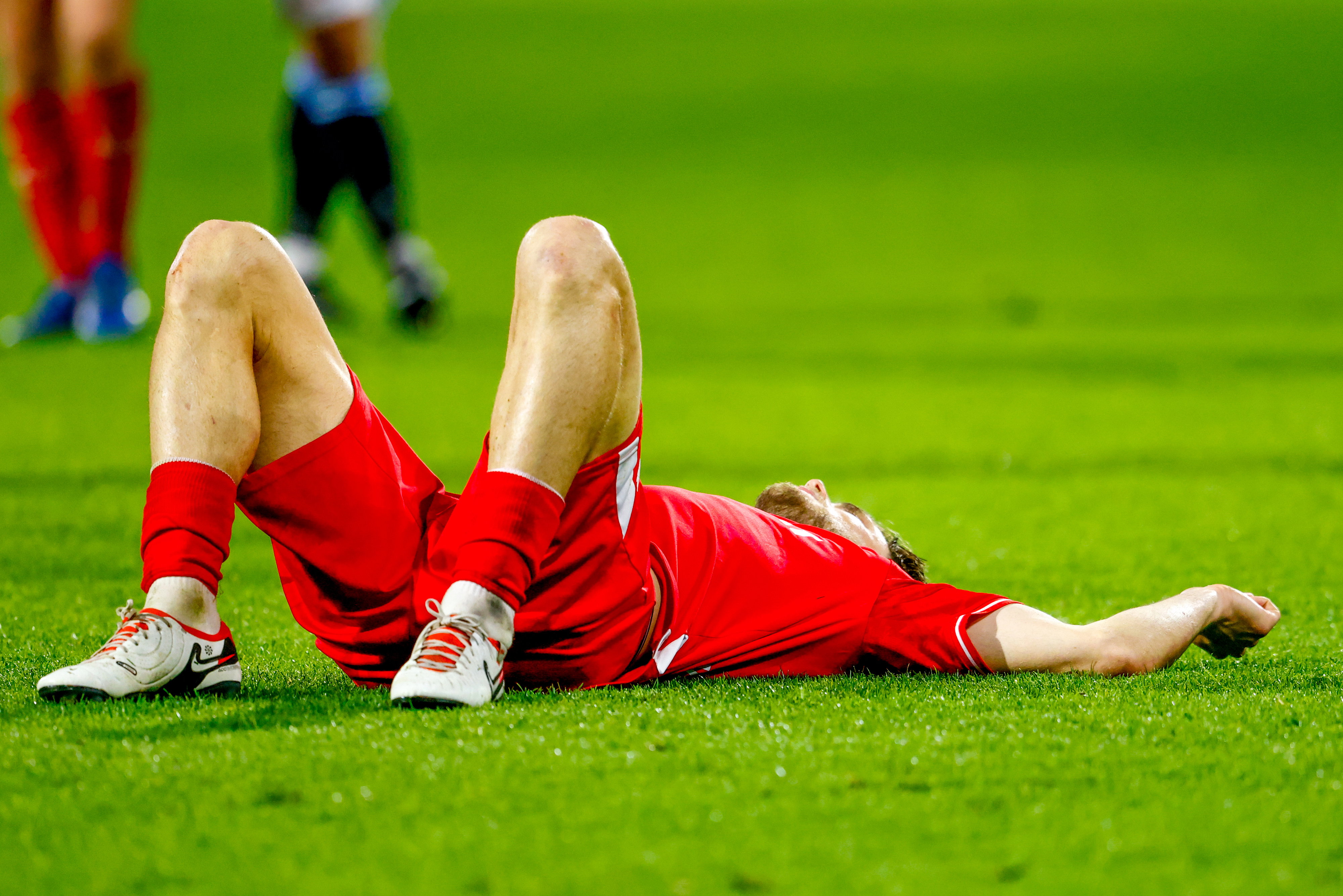 Ricky van Wolfswinkel (FC Twente) ligt op het veld