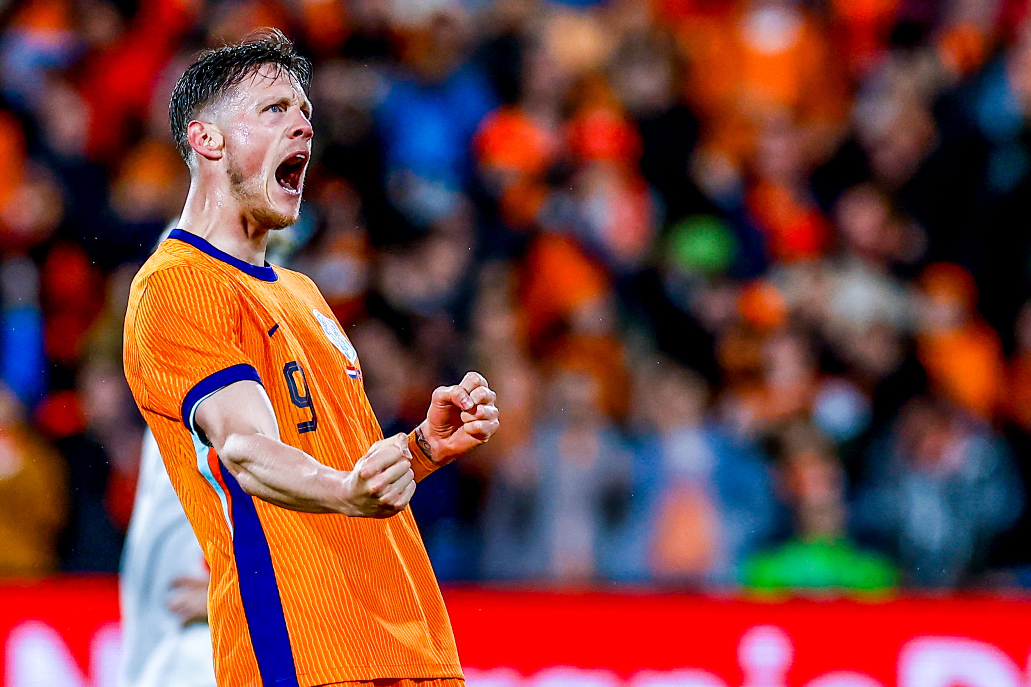 Wout Weghorst juicht na een goal voor het Nederlands elftal