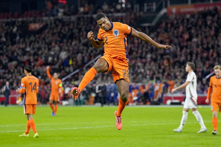 Dumfries juicht na zijn goal tegen Hongarije