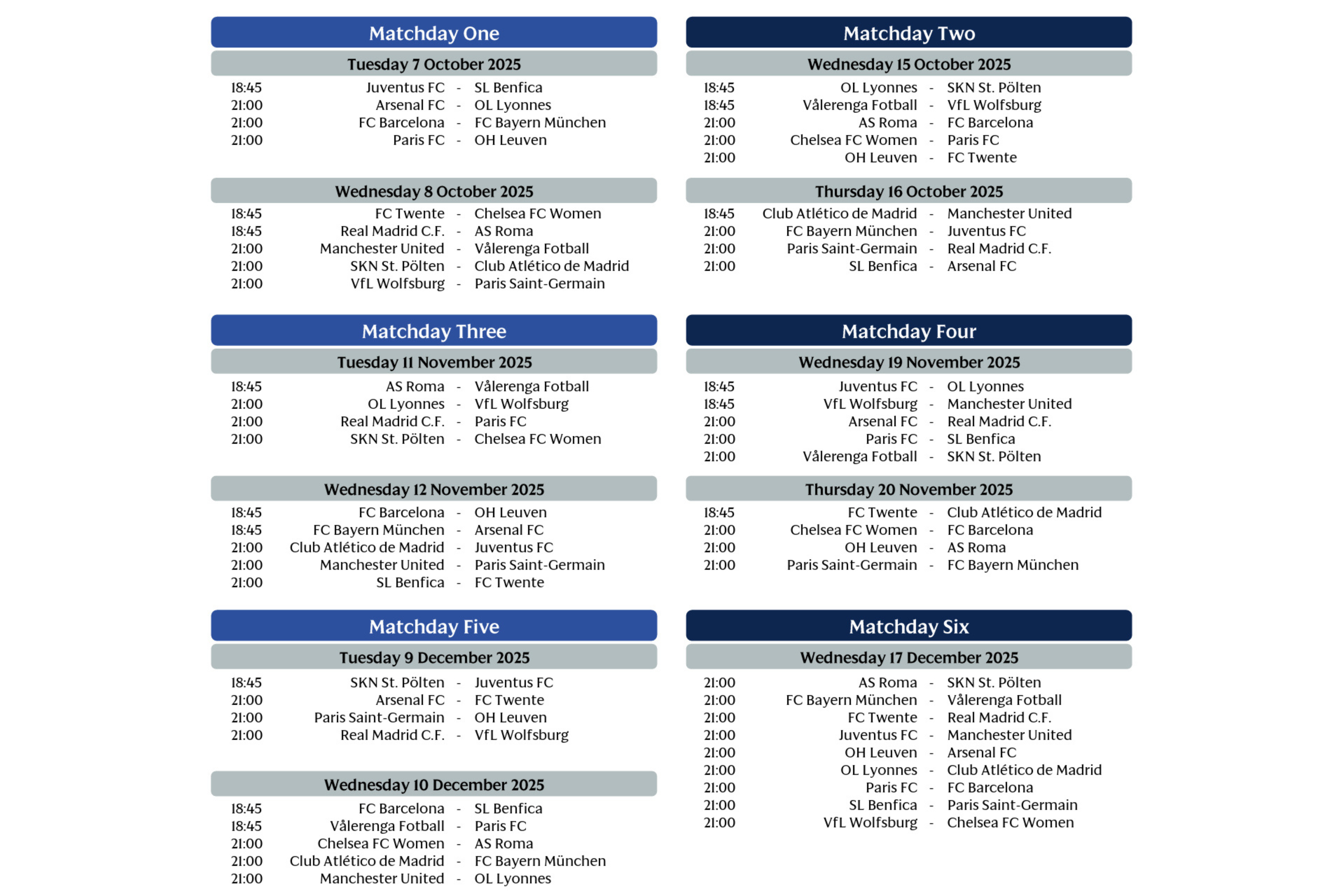 Het volledige speelschema van de UEFA Women's Champions League