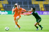 Liz Rijsbergen in actie namens de OranjeLeeuwinnen tegen Ierland