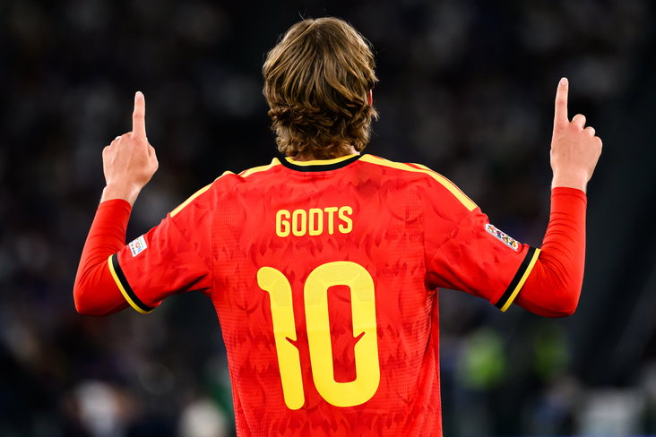 Mika Godts na zijn doelpunt voor België