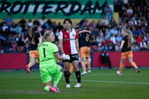 Claire Dinkla en Rio Sasaki (Feyenoord) balen na een goal van Ajax