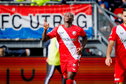 Yoann Cathline juicht na een goal voor FC Utrecht