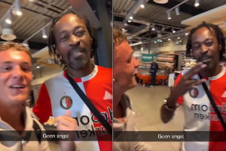 Gozer in Bijlmer loopt met Feyenoordshirt