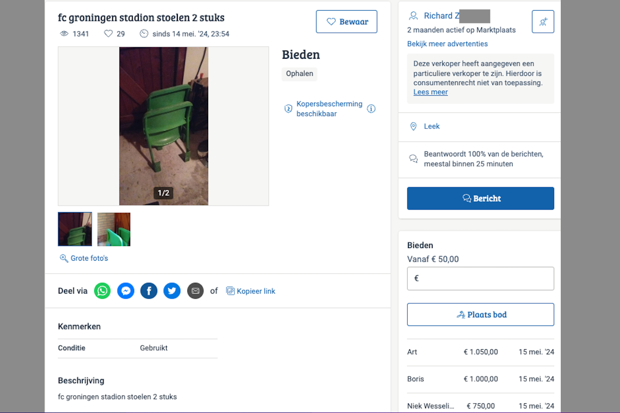 Stoeltjes FC Groningen op Marktplaats