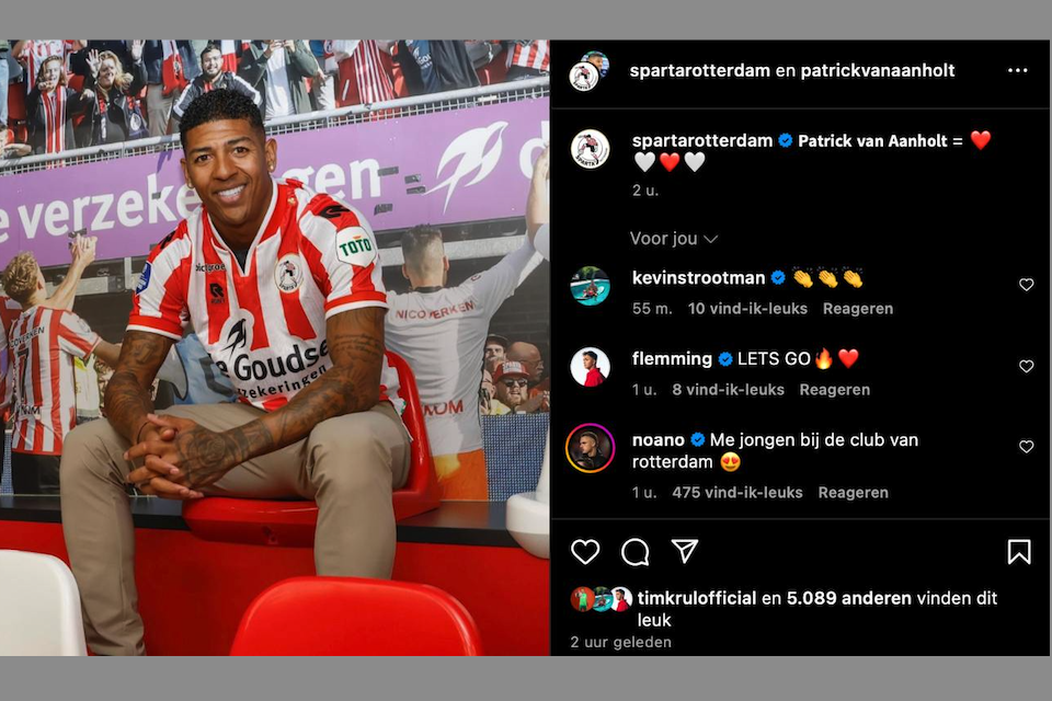 Noa Lang reageert op een post van Sparta Rotterdam