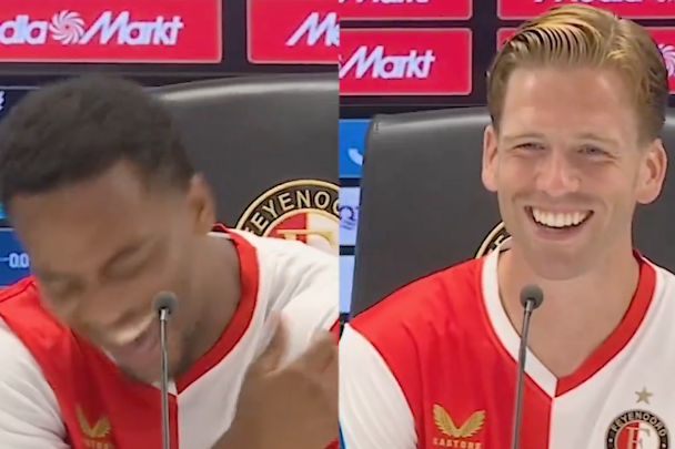Quinten Timber en Gijs Smal lachen tijdens de persconferentie