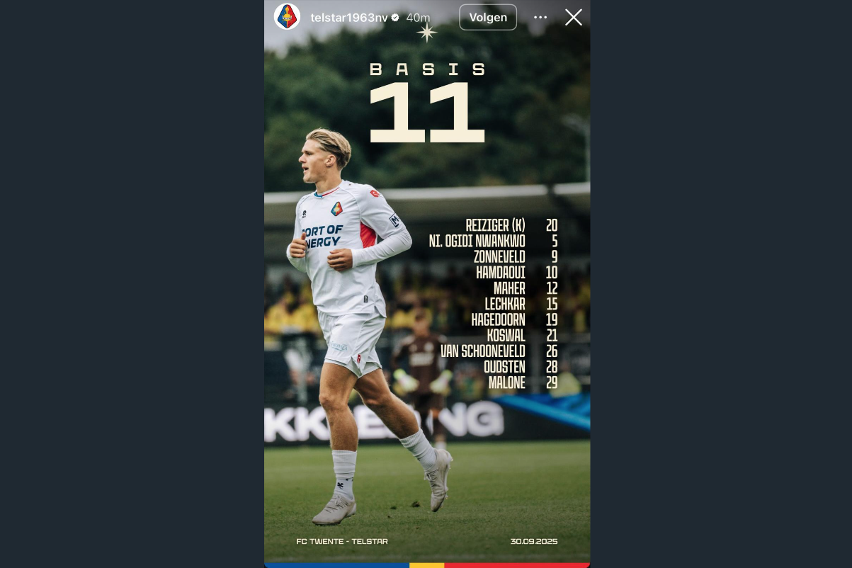 De opstelling van Telstar voor het duel met FC Twente