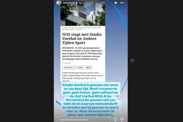 De post van Tina Nijkamp op Instagram over Studio Voetbal