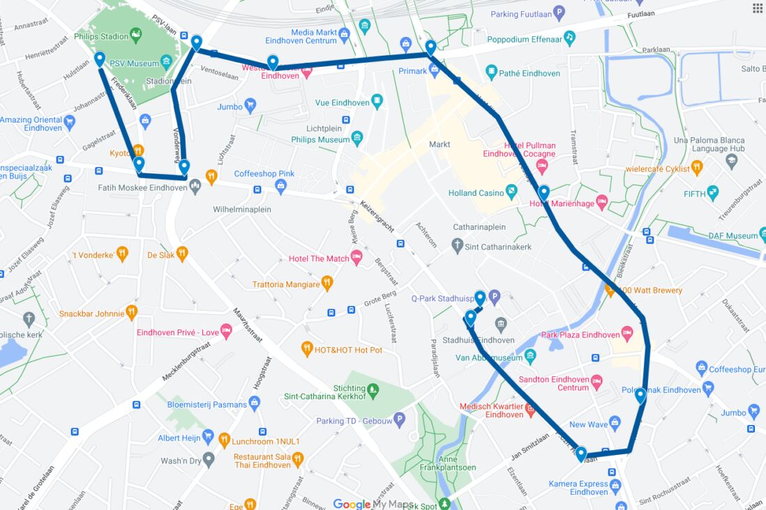 De route van de platte kar bij de huldiging van PSV