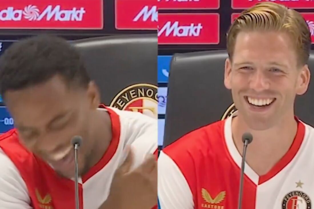 Quinten Timber en Gijs Smal lachen tijdens de persconferentie