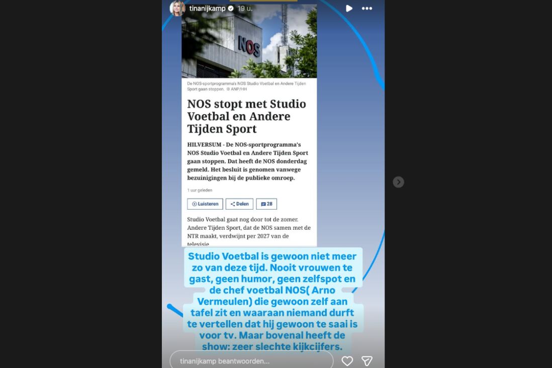 De post van Tina Nijkamp op Instagram over Studio Voetbal