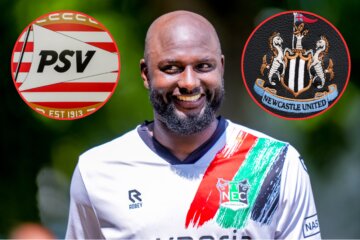 Jetro Willems met de logo's van PSV en Newcastle United