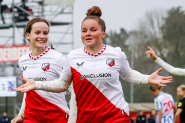Nikita Tromp en Maxime Snellenberg juichen na een goal voor FC Utrecht
