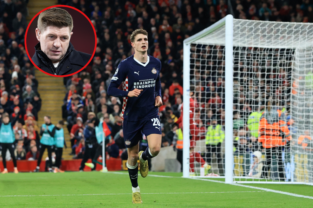 Guus Til viert zijn goal tegen Liverpool FC; Steven Gerrard als inzet