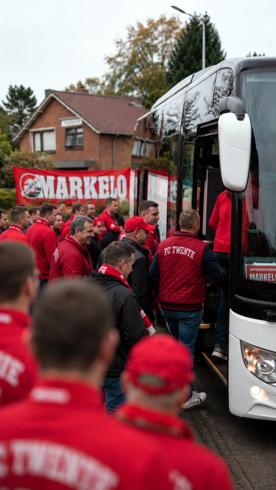 FC Twente-fans uit Markelo stappen de bus in